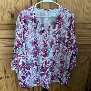 ALFRED DUNNER Pink, Gray & White Design 3/4 Sleeve Top Size 16